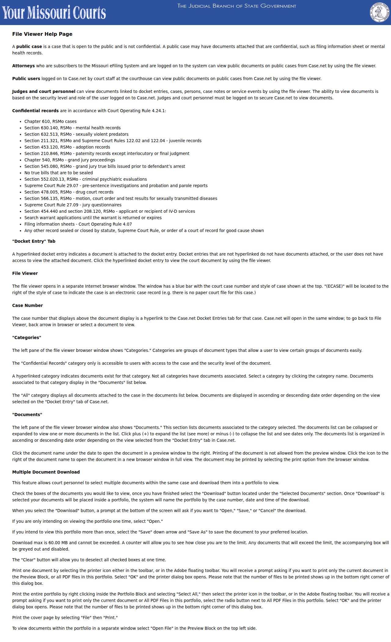 Mississippi County case search reference showing Missouri File Viewer document controls