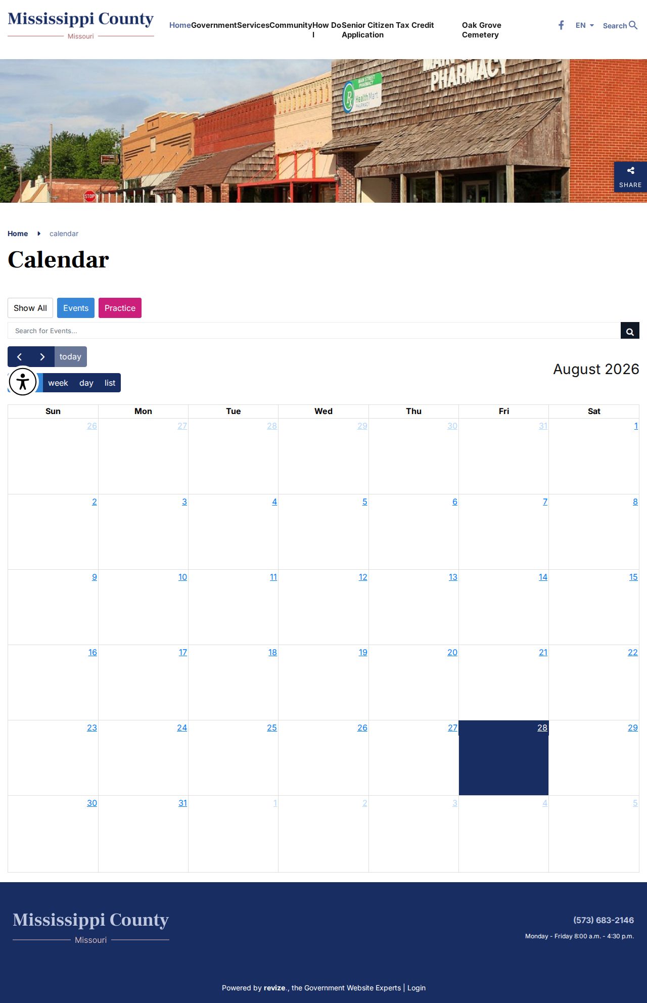 Mississippi County court calendar page showing county calendar filters and search field