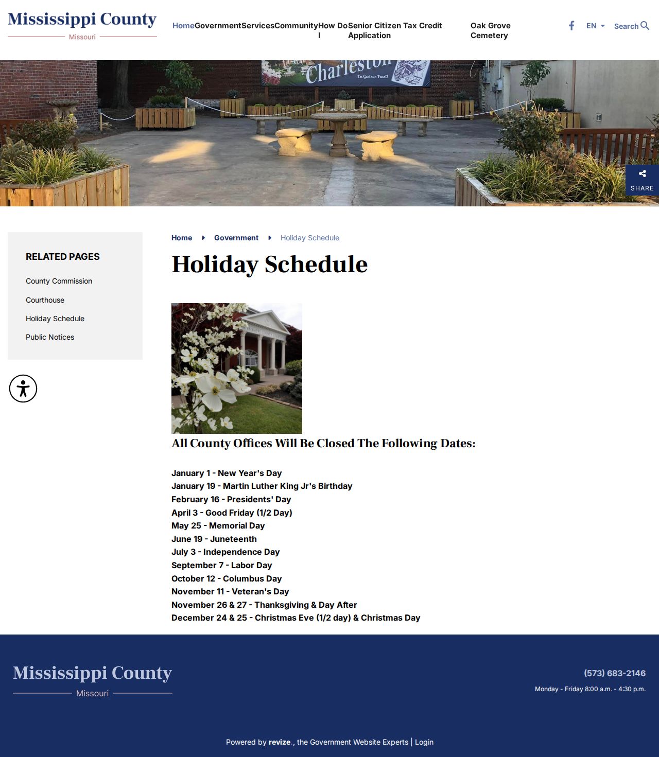 Mississippi County court calendar reference showing county holiday and closure schedule