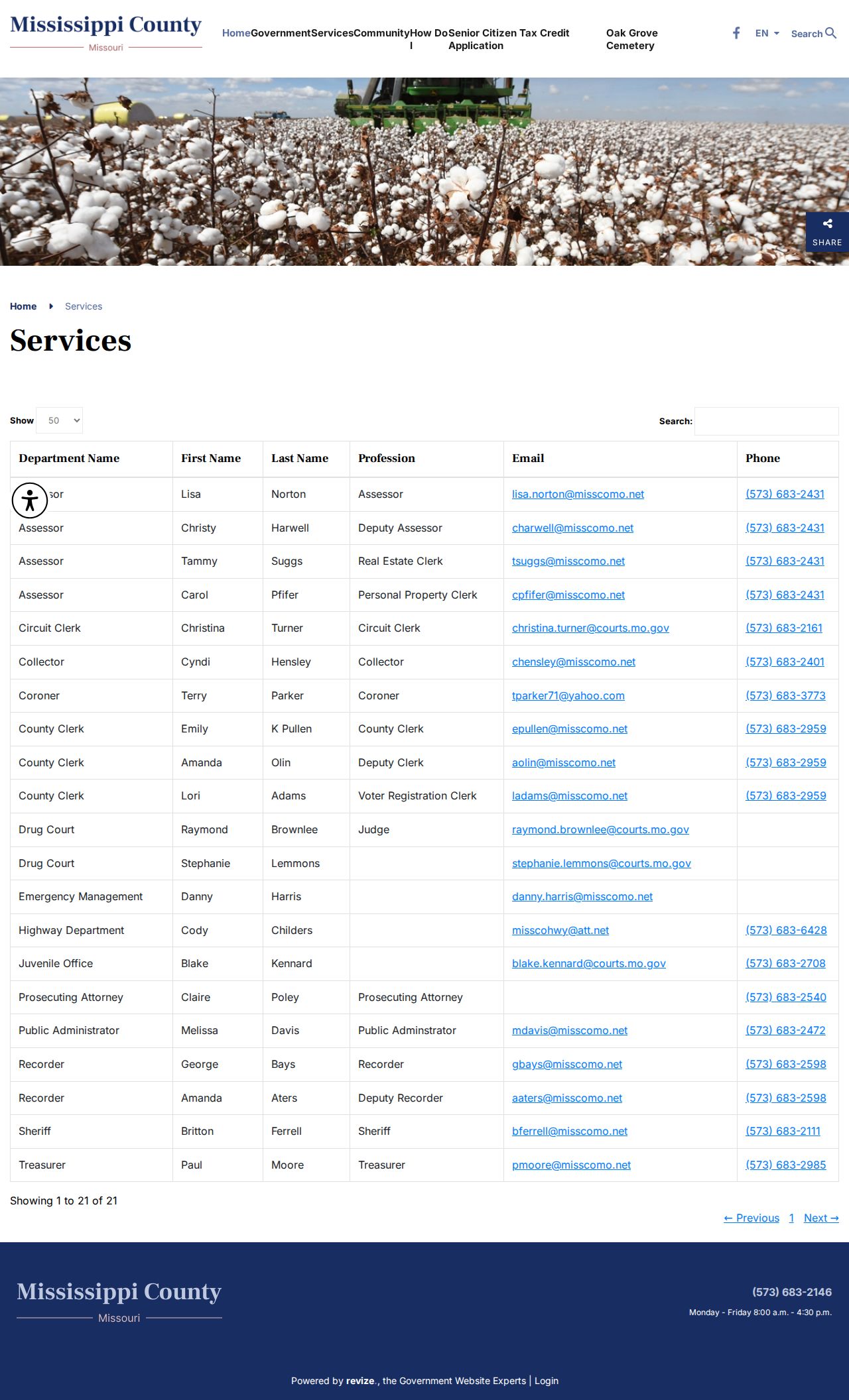 Mississippi County court docket county services directory showing separate clerk offices